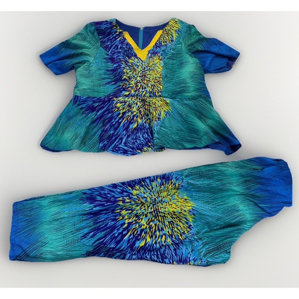 Handmade African Print 2pc Set Blue Teal Starburst Peplum Straight Pants Plus Sz